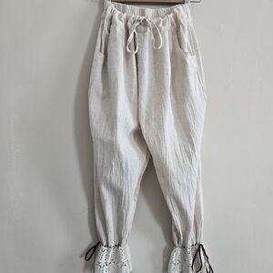 Cream Linen Pants with Lace Trim Bloomers